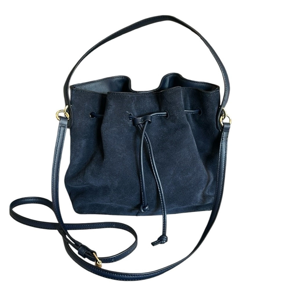 Talbots Navy Blue Suede Drawstring Bucket Bag Crossbody Hand Bag - Picture 10 of 10